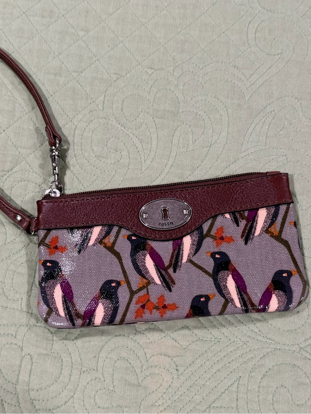Fossil Plum Bird-Print Wristlet